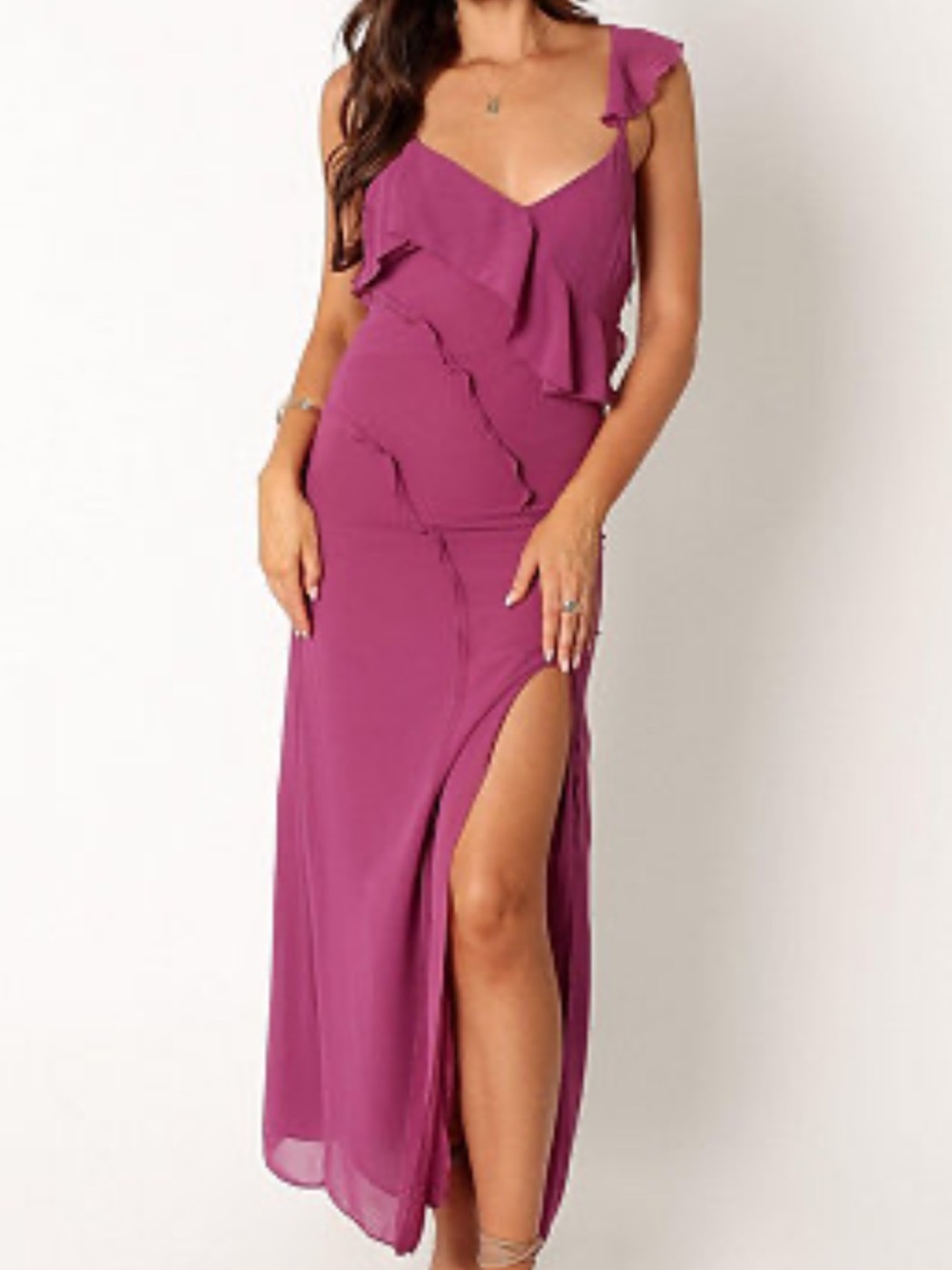 Lulu's Deep Wine Ruffle-Shoulder Maxi Dress